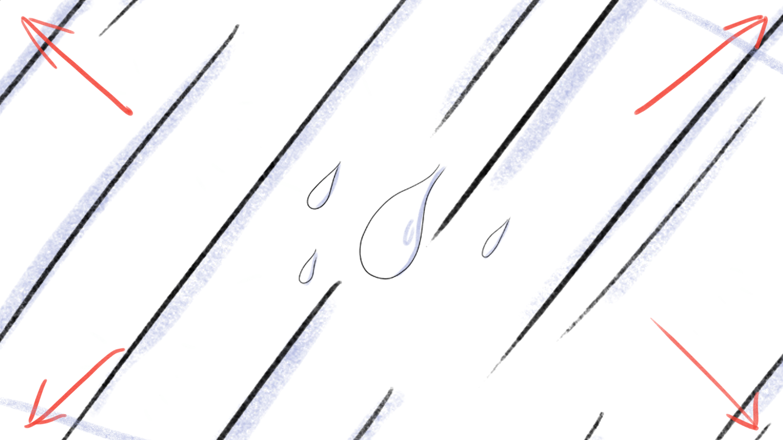 Illustration of a rain-soaked wooden surface with water droplets and red arrows indicating measurement points at the corners.