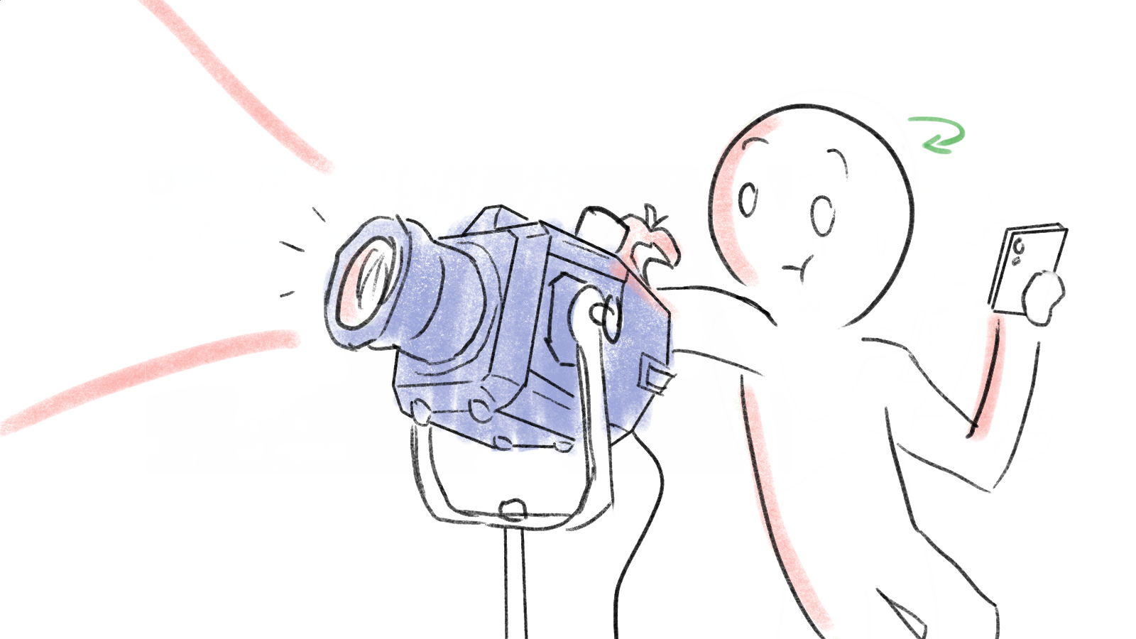 A sketch of a person operating a camera with a large lens, holding a phone, with pink and green accents.