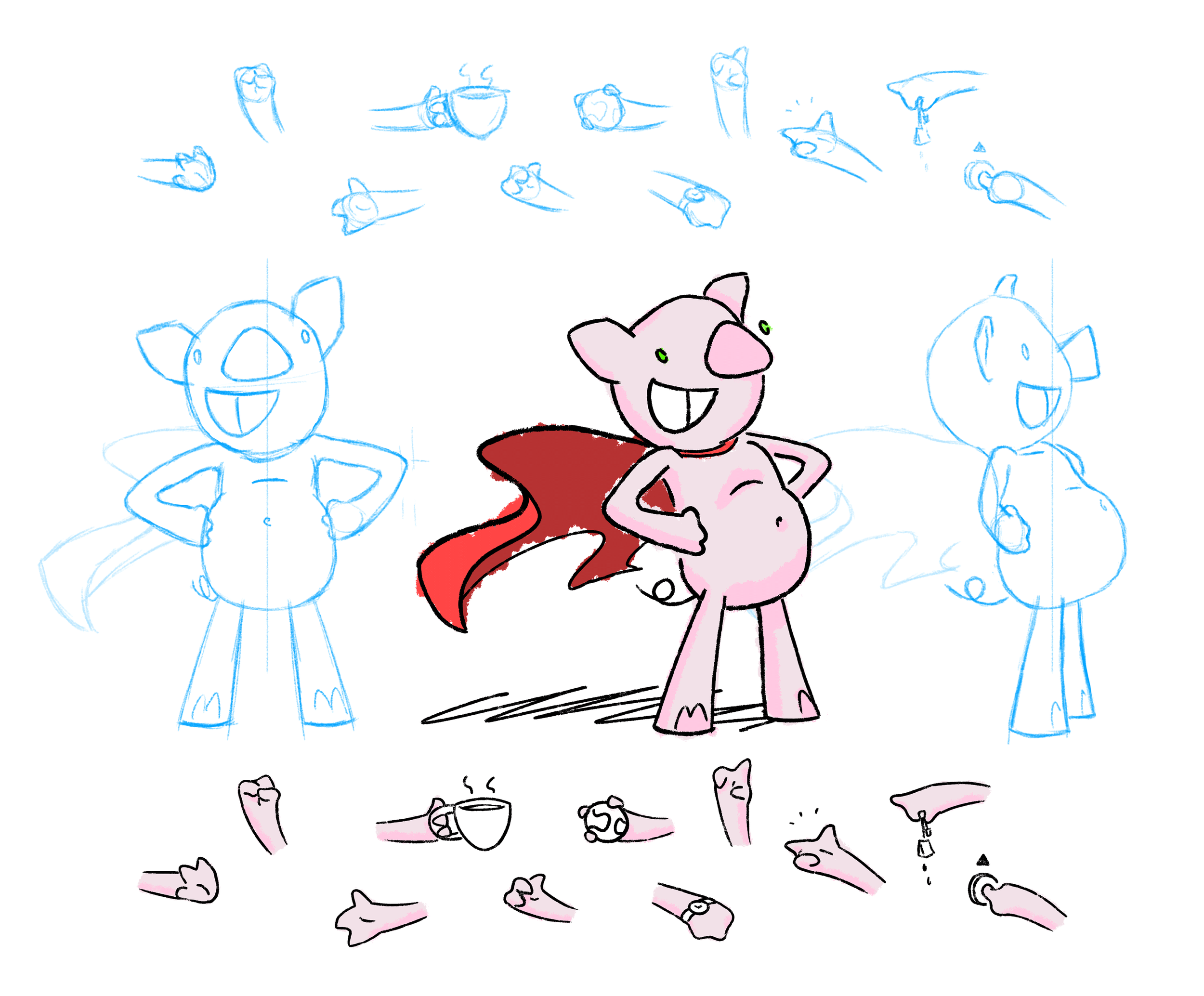Colorful drawing of a smiling pig with a red cape standing confidently with hands on hips, surrounded by sketches of pig heads, clenched fists, hands holding cups, and hands with wristwatches and dropper, with some colored and some in outline.