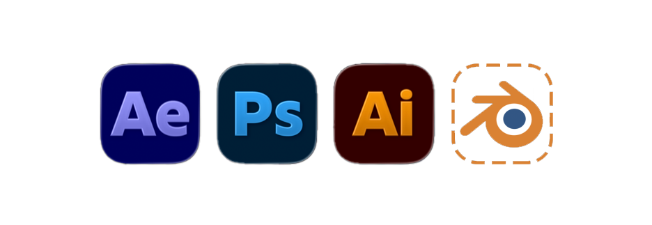 Logos of Adobe After Effects, Adobe Photoshop, Adobe Illustrator, and Blender.