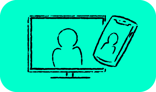 Drawing of a TV, monitor, or computer screen with a commercial, film, interview, or video call showing a person's silhouette and a phone showing the same person or content.