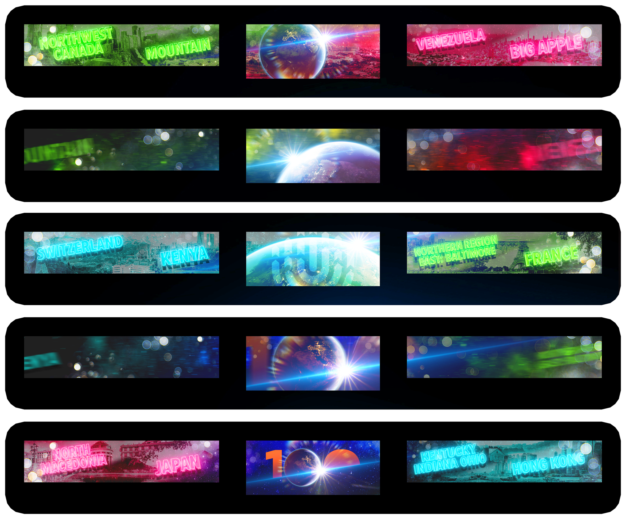A digital display with multiple rows of vibrant images and colorful text, including names of countries and regions such as Canada, Venezuela, Switzerland, Kenya, North Macedonia, Japan, France, Kentucky, Indiana, Ohio, Hong Kong, and Long Kong, with 