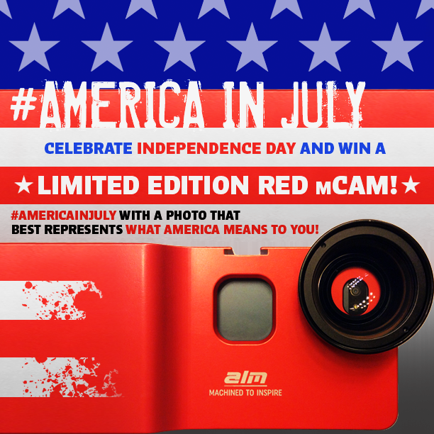 Promotional poster featuring a red camera with an American flag background, text celebrating July 4th and a chance to win a limited edition red camera. The poster includes hashtags and phrases about Independence Day and American patriotism.