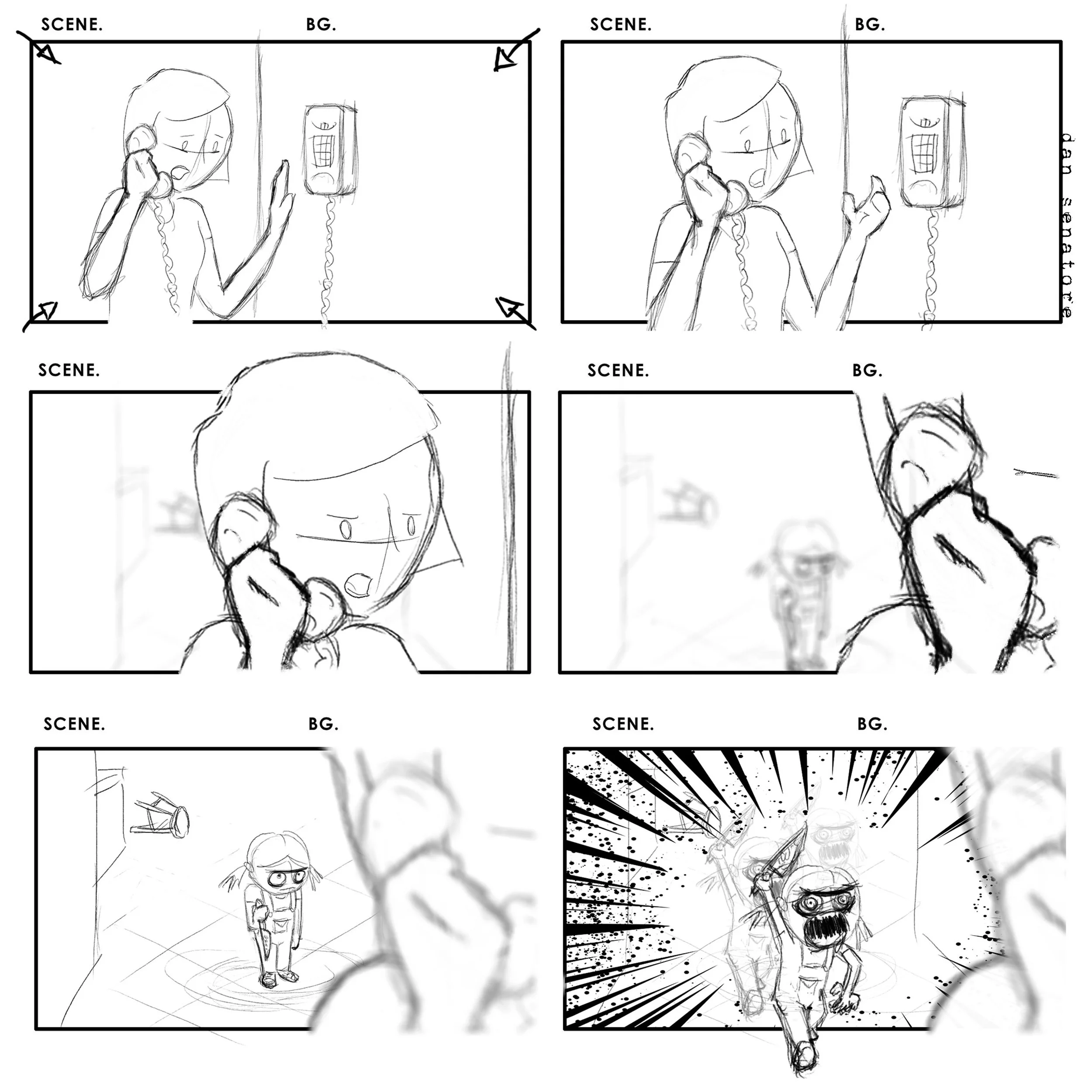 Storyboard sketches featuring characters in various scenes, with speech bubbles, backgrounds, and action effects, drawn in black and white.