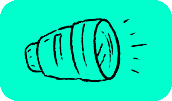 A simple cartoon drawing of a camera lens with bright reflections.