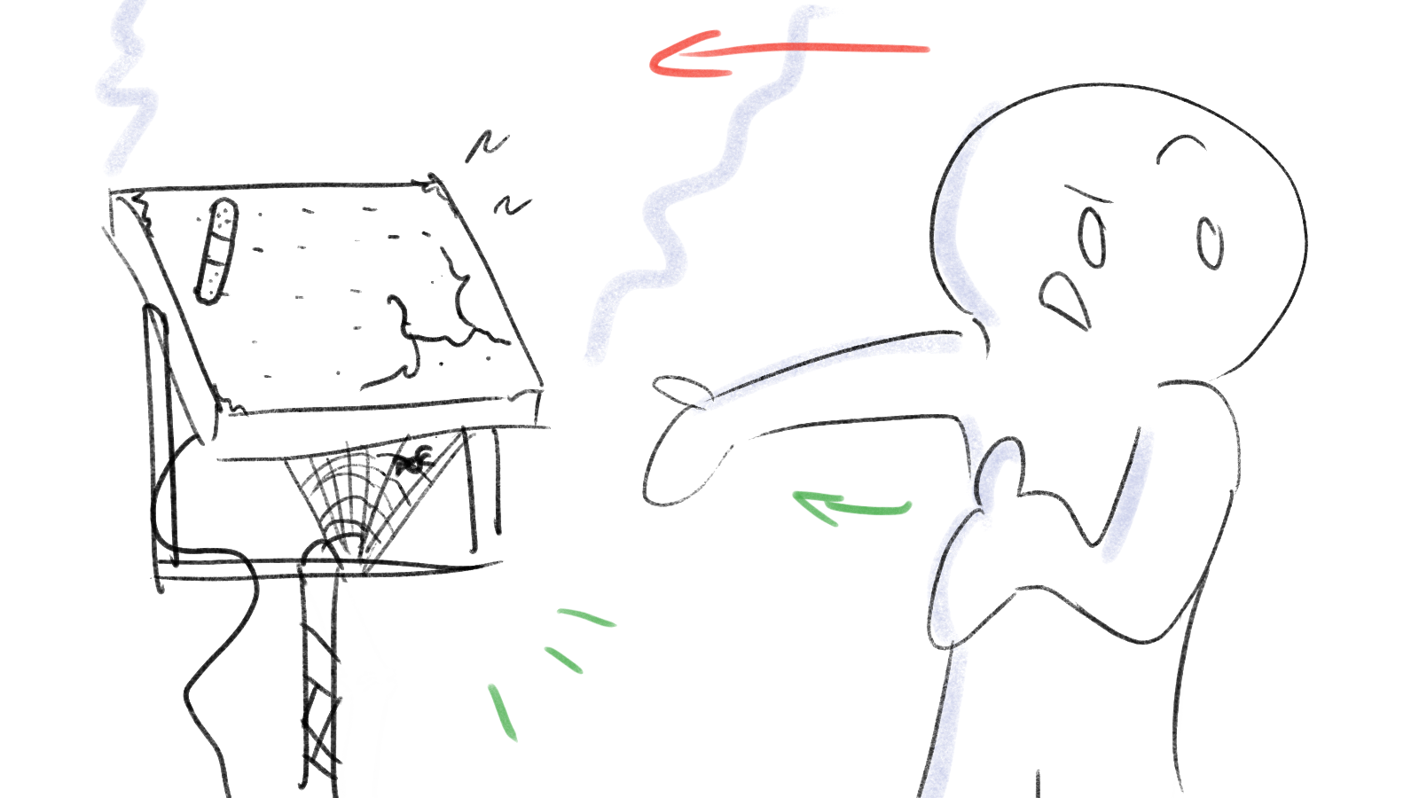 A person blowing air onto a dirty trash bin, which has a spider web underneath, causing dust and dirt to disperse.