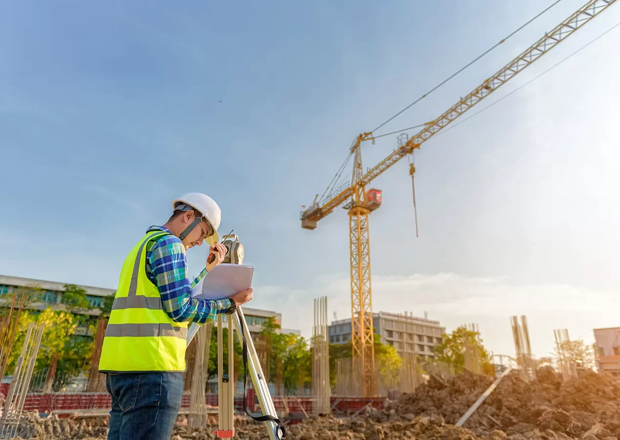 A construction worker in a yellow safety vest and white hard hat is using surveying equipment with a clipboard on a construction site, with a tall crane and partially built structures in the background.