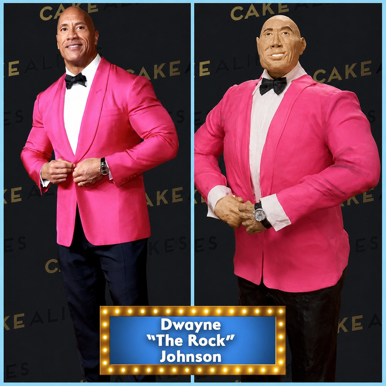 Side by side photographs of Dwayne "The Rock" Johnson, wearing a bright pink tuxedo. The left photo shows The Rock and the right photo is a cake of Dwayne "The Rock" Johnson.