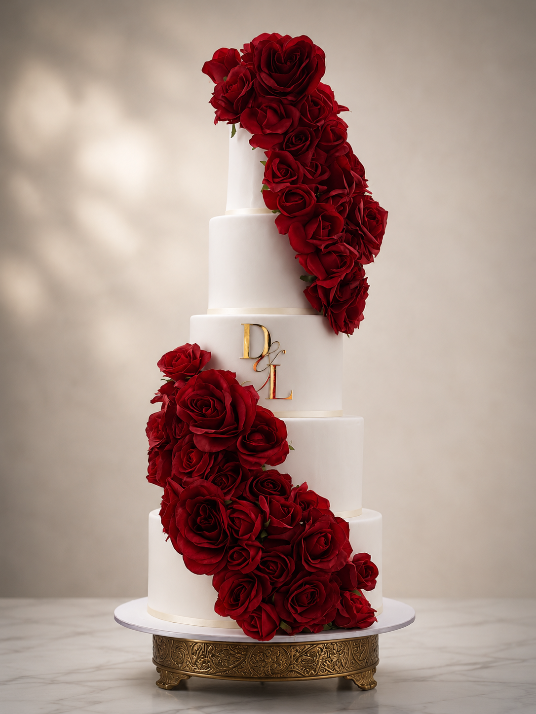 A tall, elegant white wedding cake decorated with cascading red roses and gold initials D and L.