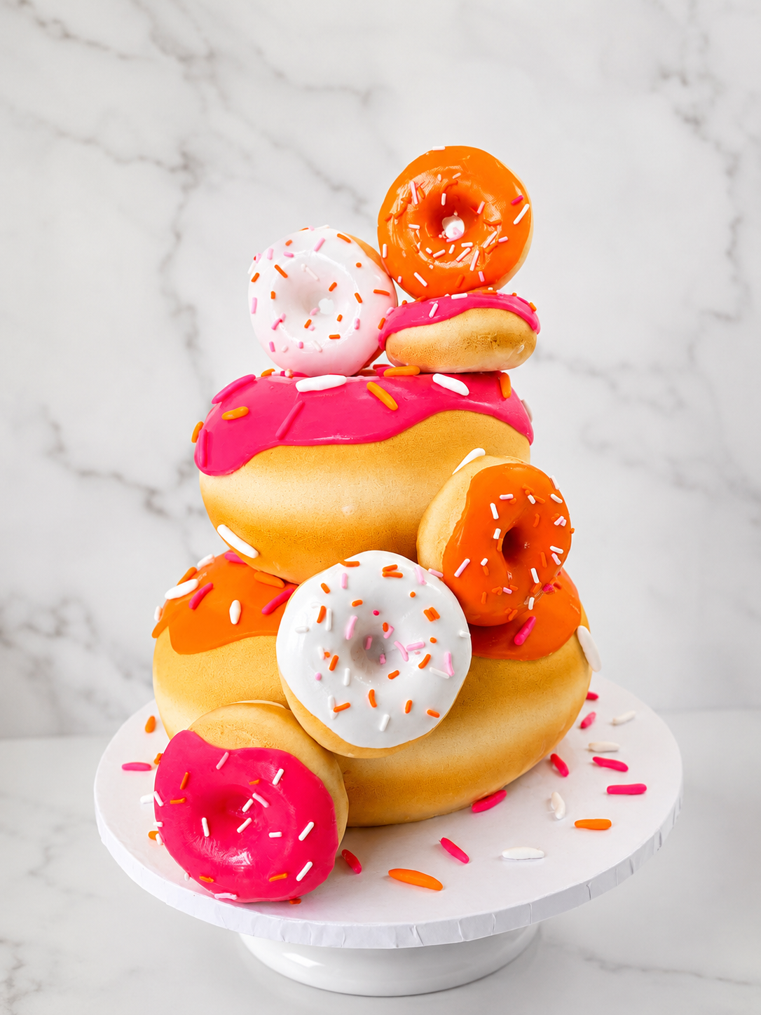Colorful donut cake with pink, white, and orange icing and sprinkles, stacked on a white cake stand against a marble background.