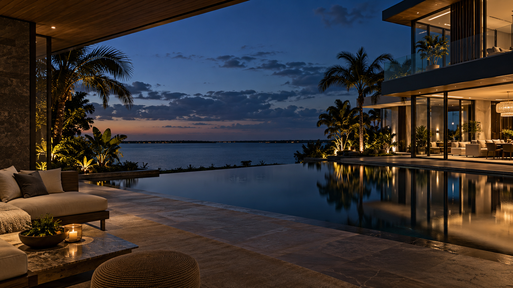 Contemporary South Florida waterfront residence at blue hour.