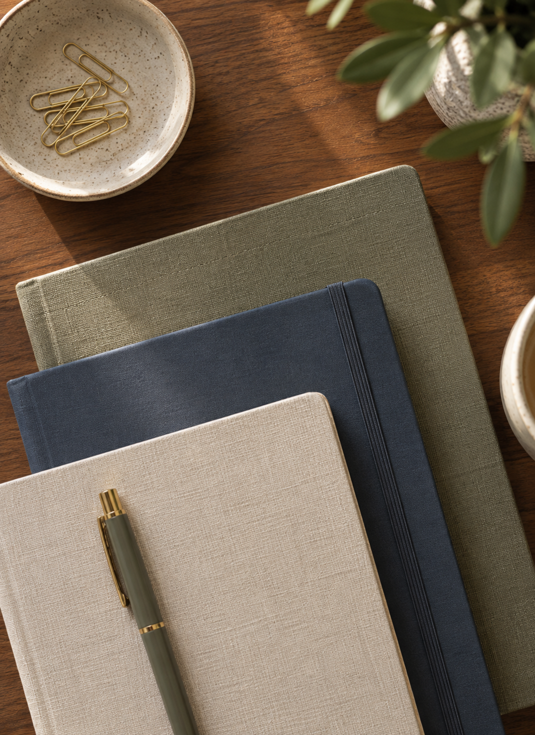 Stacked notebooks in neutral and dark colors with a pen on top, a ceramic dish with paper clips, and a potted plant on a wooden desk.