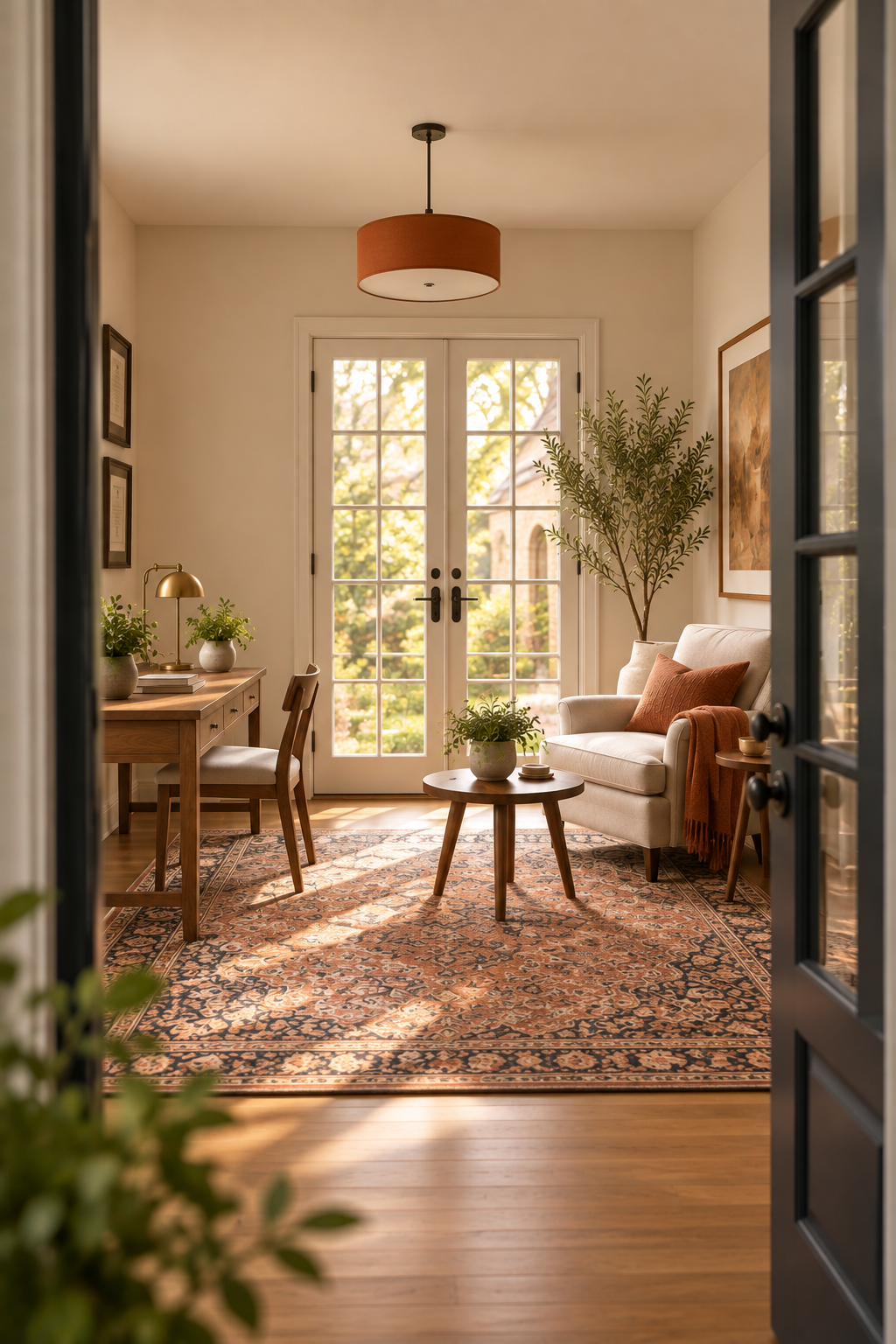 A cozy living room with French doors leading outside, a cream-colored sofa with rust-colored pillow and throw, a wooden coffee table with potted plant, and a wooden side table. The room features a patterned rug, indoor plants, framed artwork, and natural lighting.