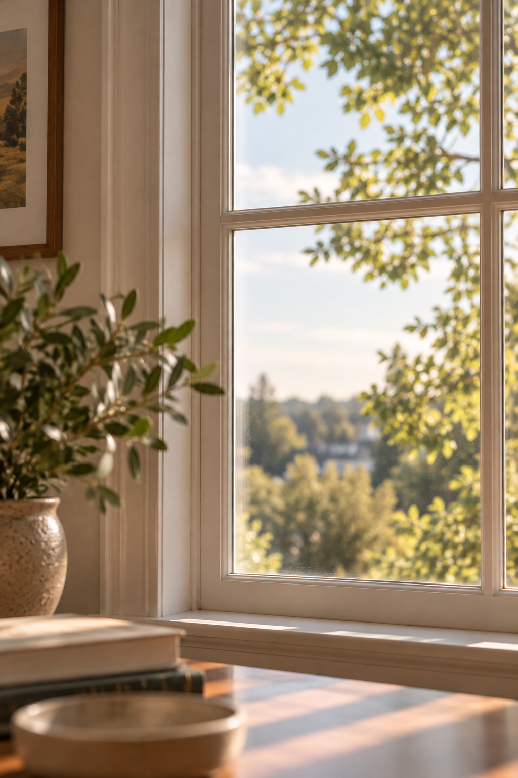 Sunlight streaming through a window with a view of green trees and a blue sky outside.