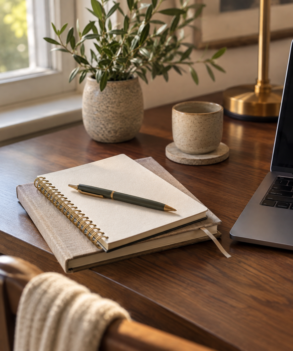 A wooden desk with a closed laptop, a notebook with a pen on top, a ceramic mug on a coaster, a potted plant, a candle holder, and a lamp near a window.