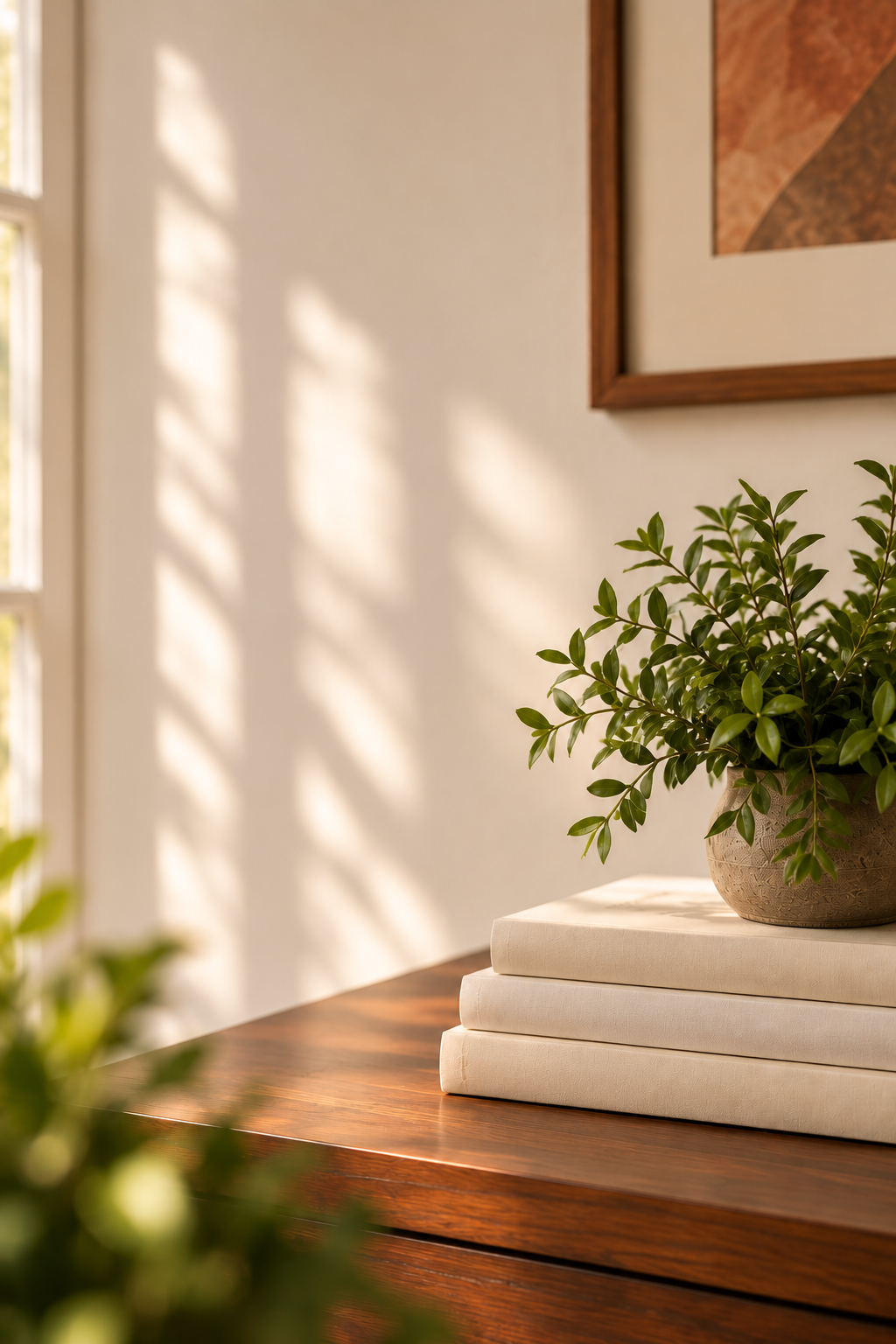 Decorative arrangement on a wooden surface with green leafy plant in a textured pot and three stacked neutral-colored books near a window with sunlight streaming through.