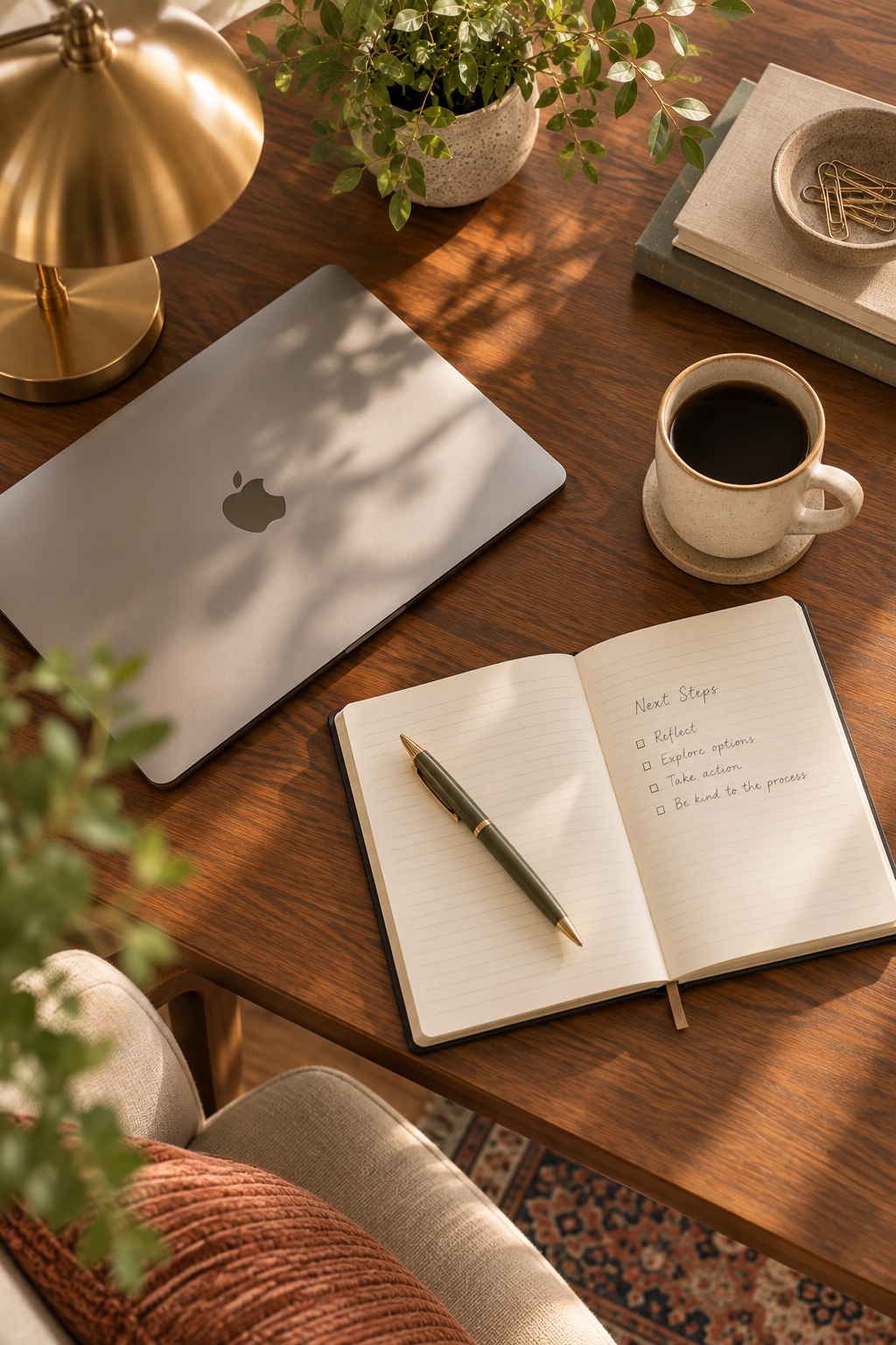 A wooden desk with a closed MacBook, a notebook with a pen, a cup of coffee, a potted plant, a stack of books with a small dish of paper clips, a gold desk lamp, and a person's leg in a beige pants and rust-colored sweater.
