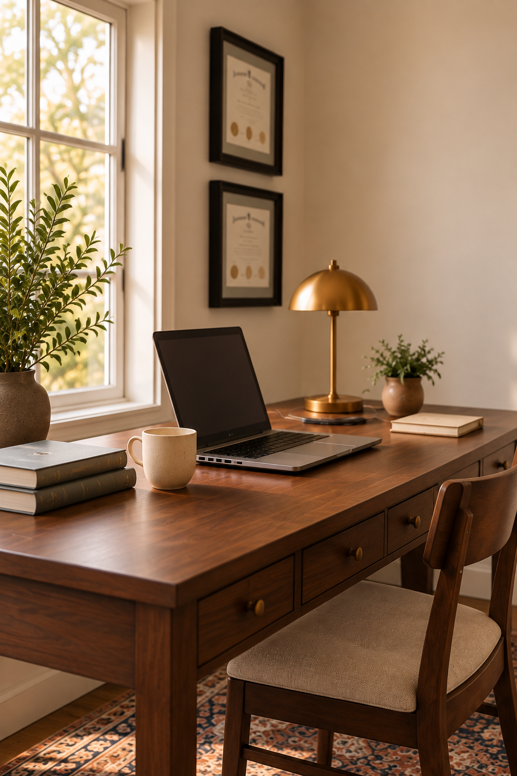 Home office desk setup with a laptop, coffee mug, books, a gold desk lamp, potted plants, and framed certificates on the wall, near a window with natural light.