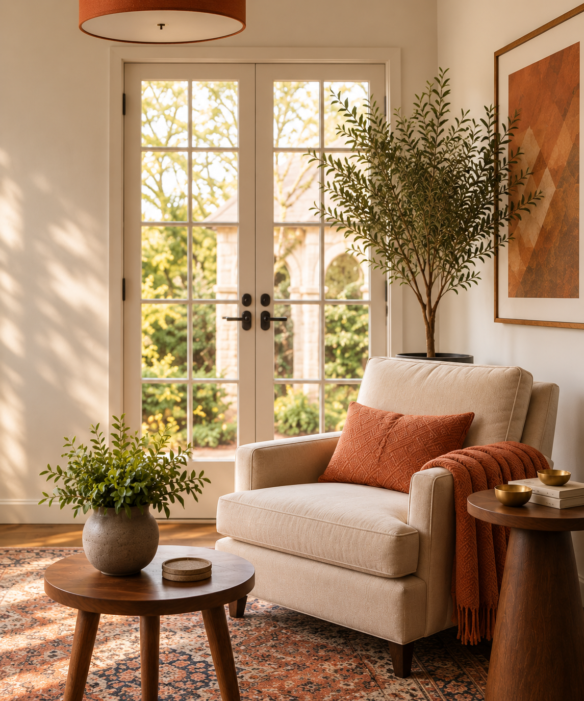 Cozy living room with a beige armchair, a rust-colored pillow, and a matching throw blanket. A round wooden side table with small golden bowls, and a large potted plant. French doors with glass panes lead outside, allowing natural light to fill the space.
