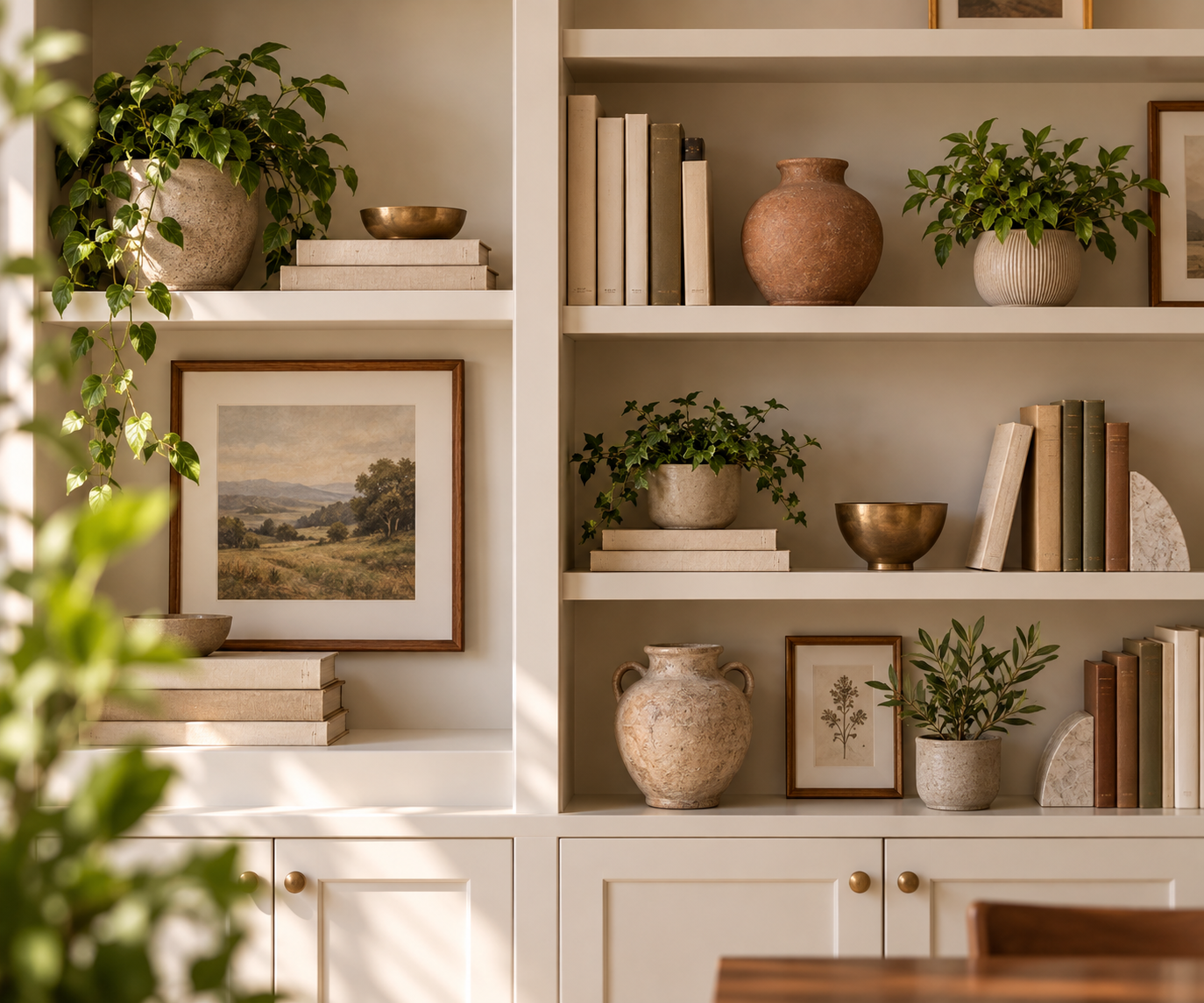 A white bookshelf with decorative vases, potted plants, books, and framed artwork, illuminated by natural sunlight.