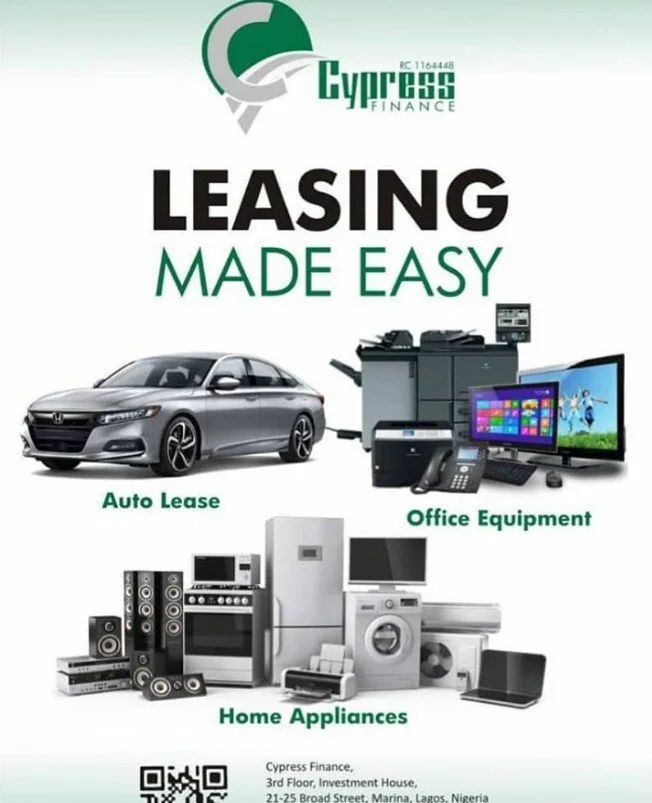Advertisement for Cypress Finance highlighting easy leasing options for auto, office, and home appliances, featuring a car, office equipment, and household appliances, with contact information at the bottom.