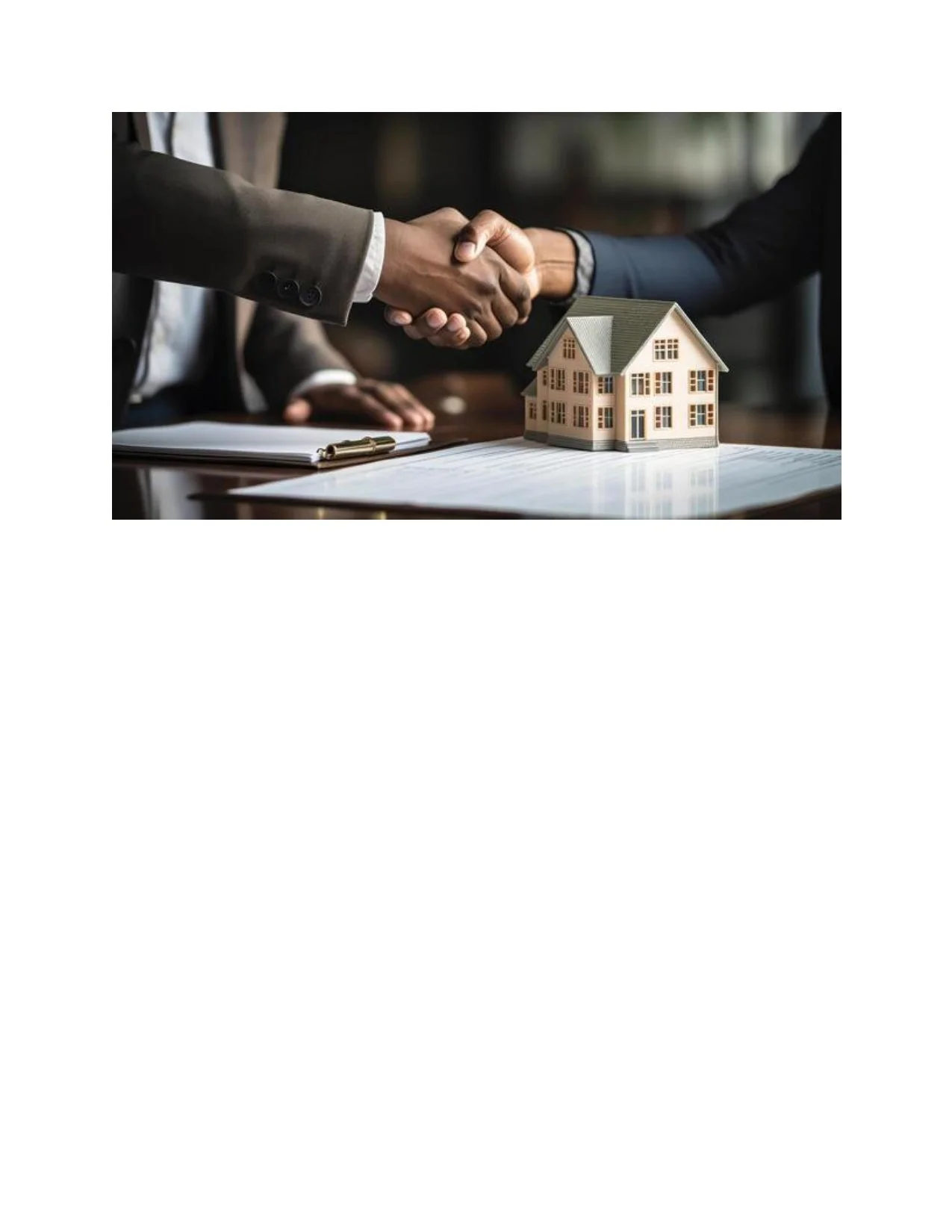 Handshake between two people in business suits over a model house on documents, symbolizing real estate or home sale agreement.