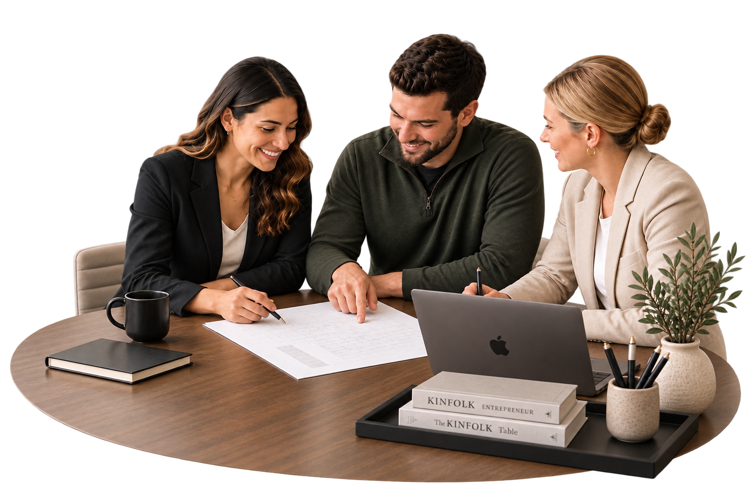 Three colleagues sitting at a round table, collaborating and smiling. They are collaborating on an estate plan. One may be a financial advisor, one may be a CPA, the other an attorney.