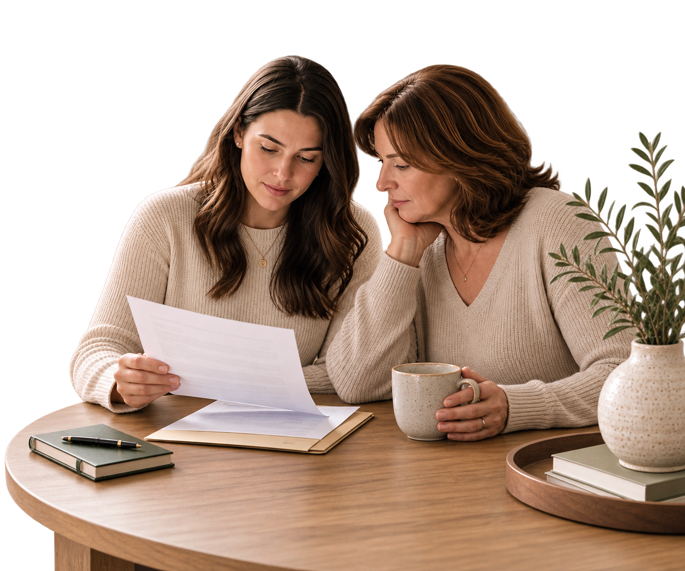 Two women sitting at a wooden table looking at papers and discussing the mothers estate plan so the daughter knows what to do when she dies.