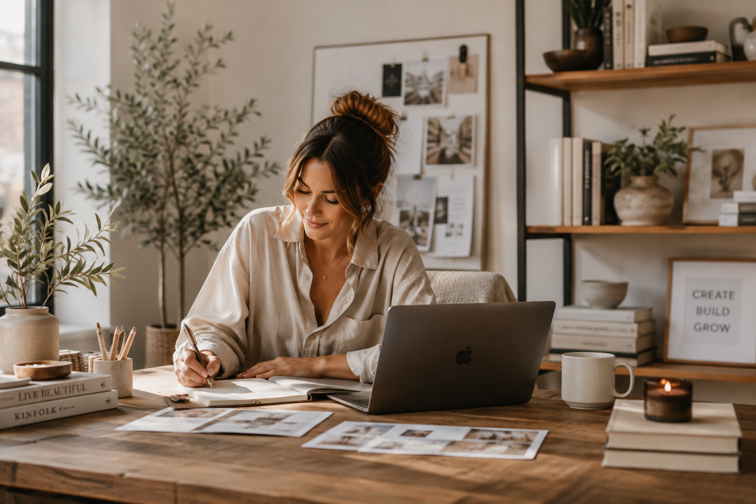 A woman working at a wooden desk with a laptop, notebooks, and printed papers. She is reviewing legal documents, will, trust, or incapacity instruments.
