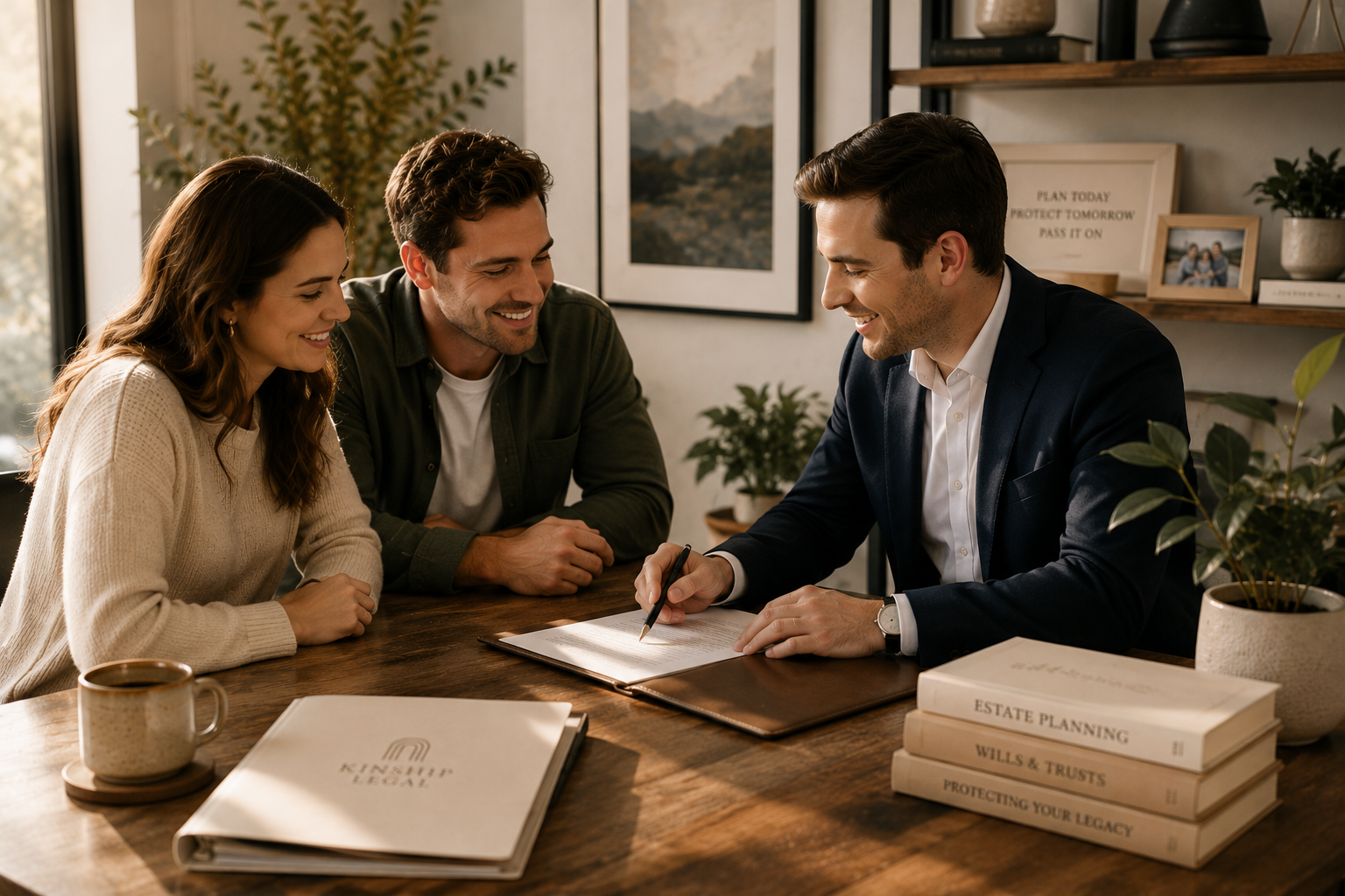 A man in a suit and two women sit at a wooden table, smiling while signing paperwork during a legal consultation in a cozy, well-decorated office with books and plants. They are reviewing their estate plan, in home.