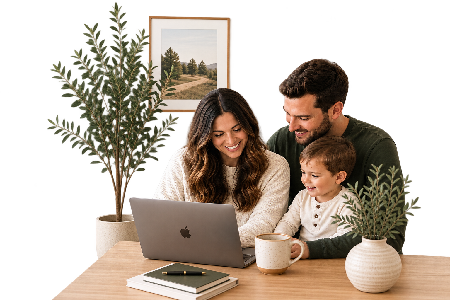 A family of three sitting at a wooden table, smiling and looking at a laptop screen. Behind them is a green wall with a framed picture of a landscape and a large potted plant.