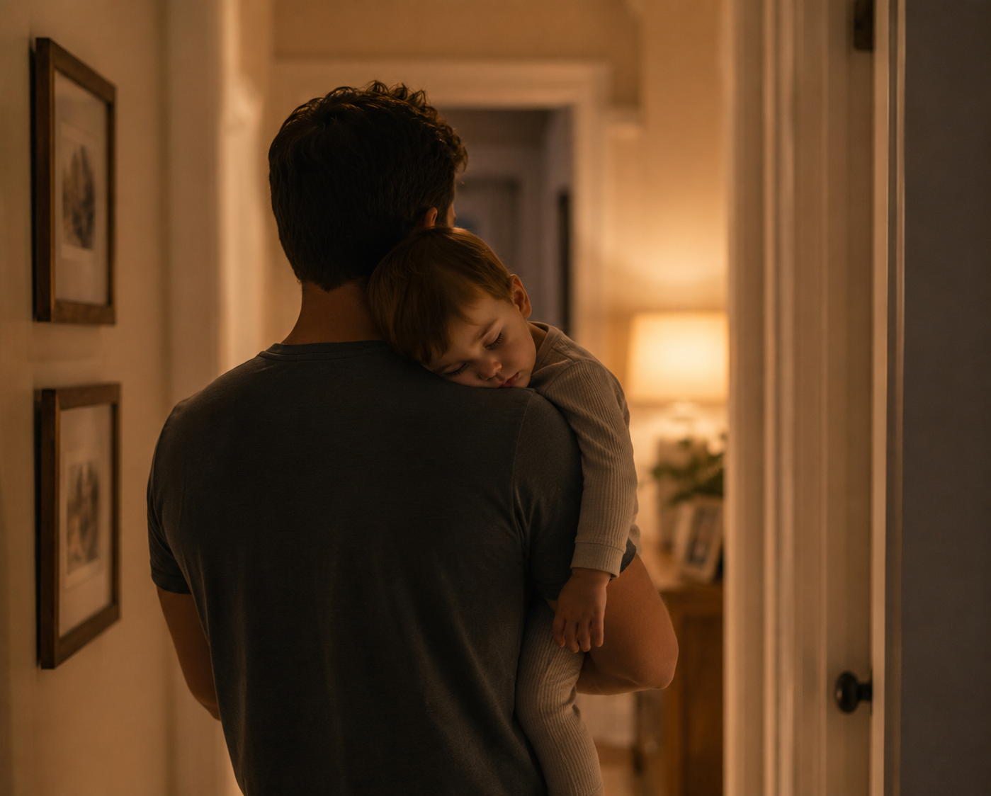 A man holding a sleeping child in a warmly lit hallway of a home.