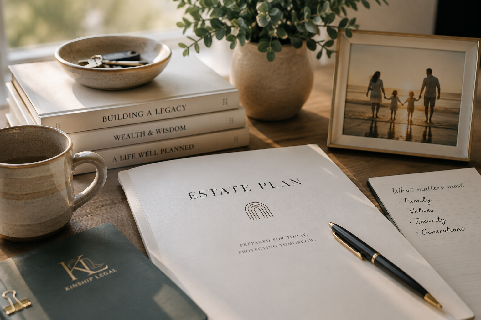 A workspace with a framed family photo at the beach, a potted plant, a stack of books about legacy and wealth, a coffee mug, a notebook titled 'Estate Plan' with a pen, a small notebook with handwritten notes, a keyring with keys, and a folder labeled 'Kingship Legal.'