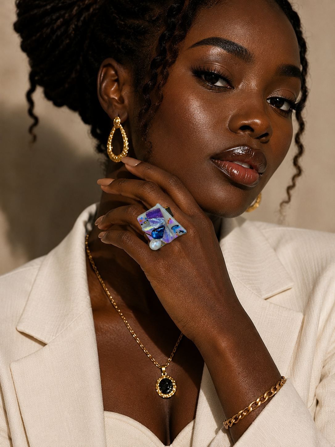 Model wearing the vivid blue ZAYA statement ring