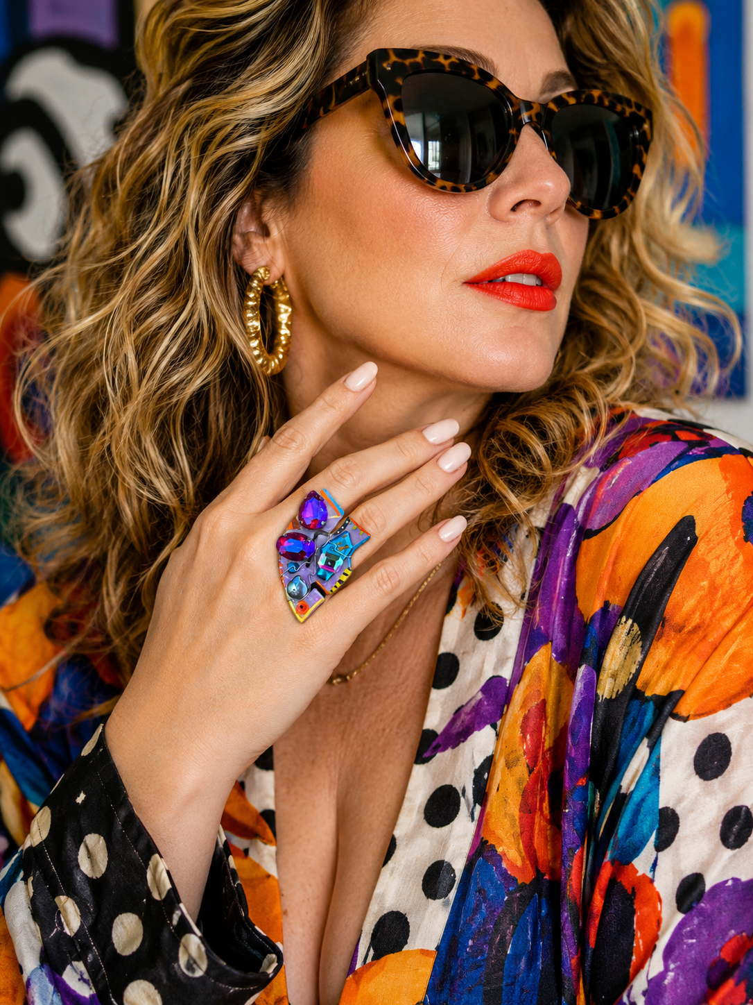 Model wearing the colorful MALI statement ring