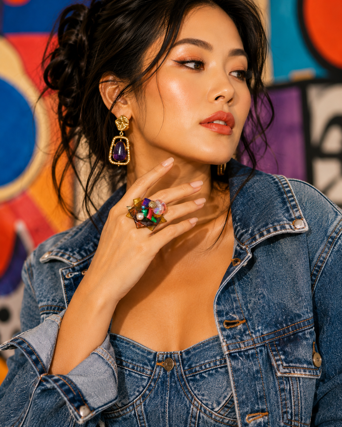 Model wearing the KAYA statement ring with dark oval design