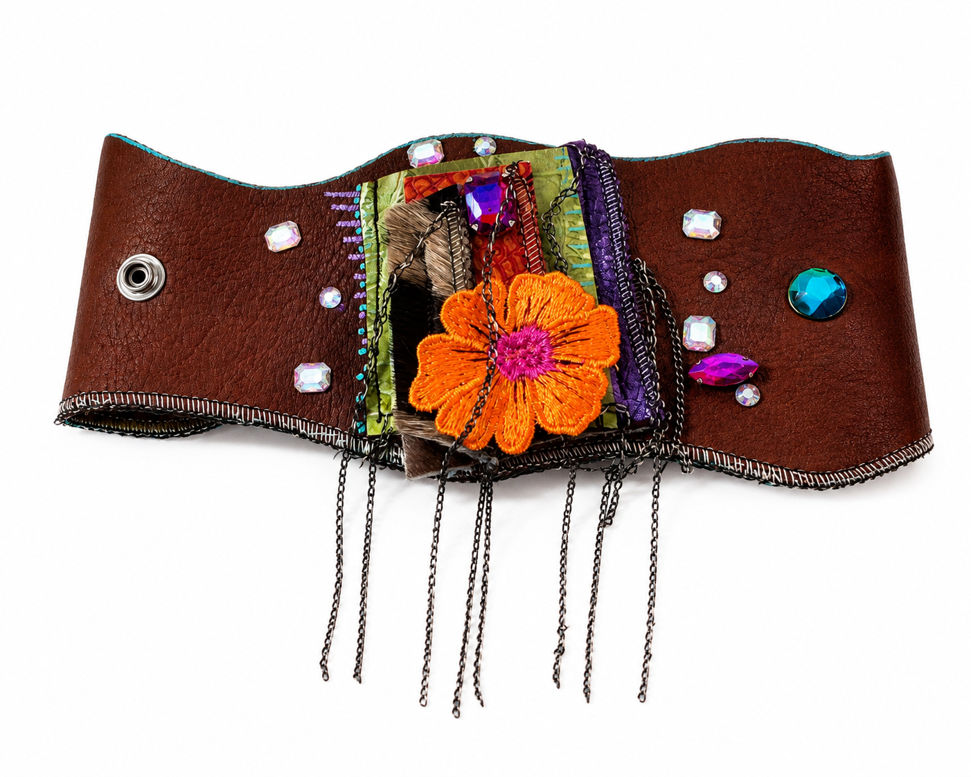 Raw Pearlz AMANI wide brown belt with colorful handcrafted fabric centerpiece and fringe details