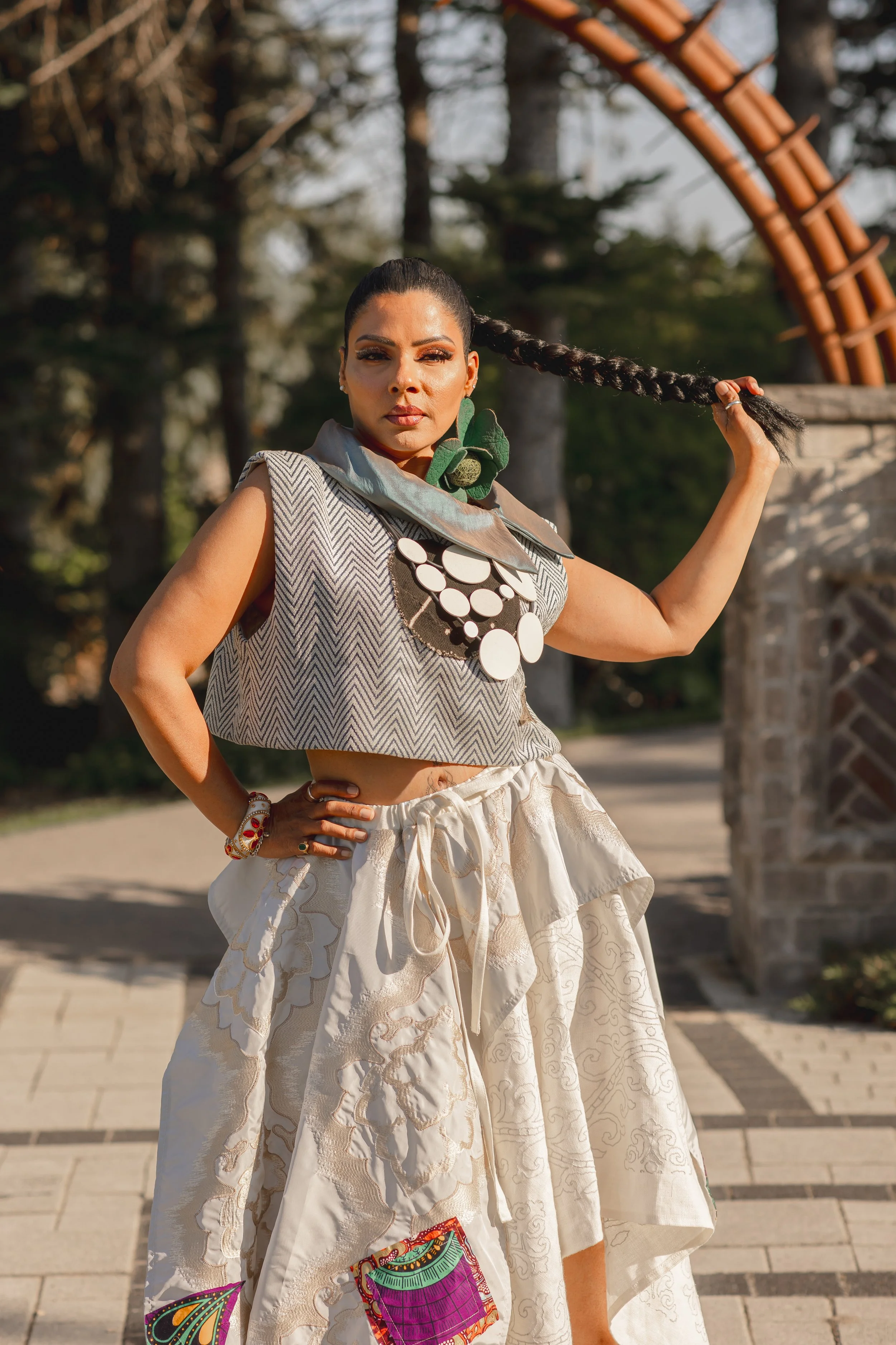 Model wearing the Raw Pearlz ZENDA neutral-toned coordinated statement set