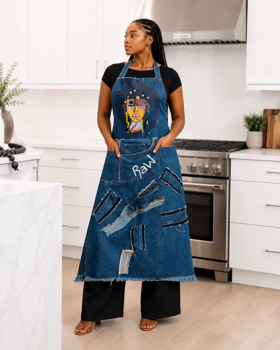 Model wearing the Raw Pearlz ZAWADI dark denim statement apron