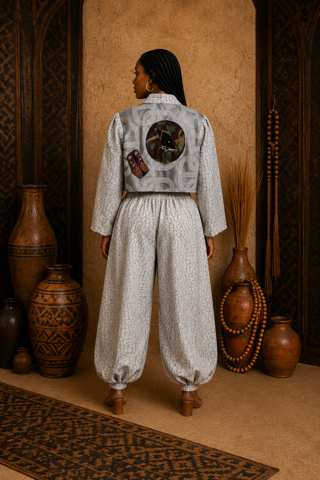 Model wearing the Raw Pearlz HAZINA silver two-piece statement pant set