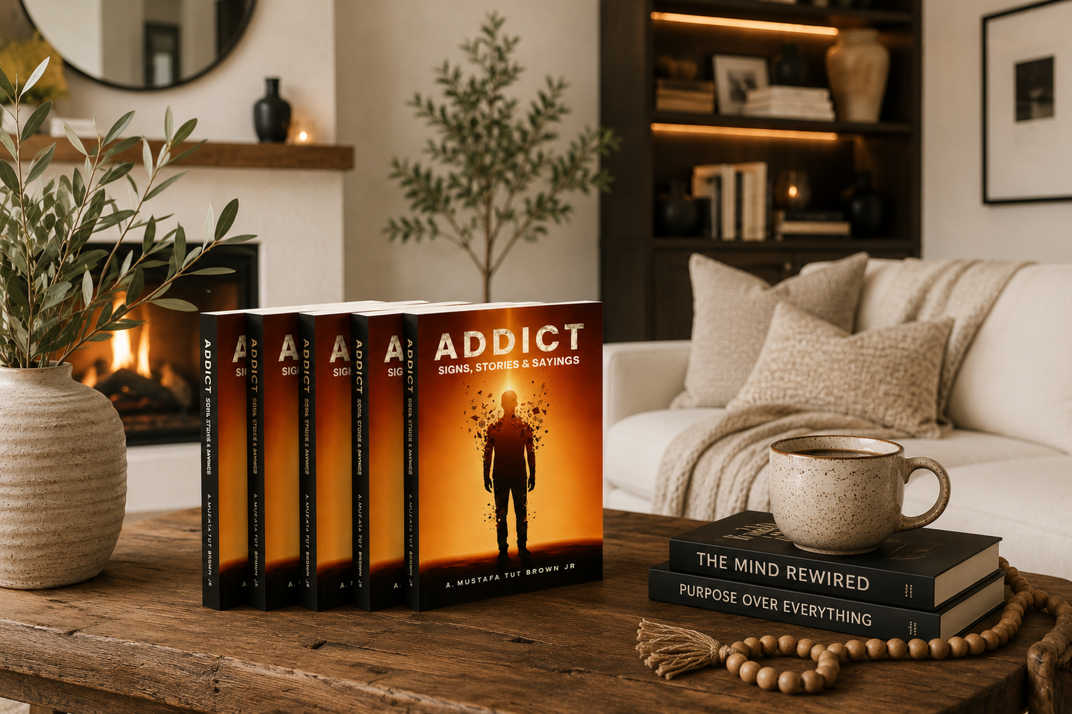 Copies of ADDICT: Signs, Stories & Sayings by A. Mustafa Tut Brown Jr. displayed in a modern living space.