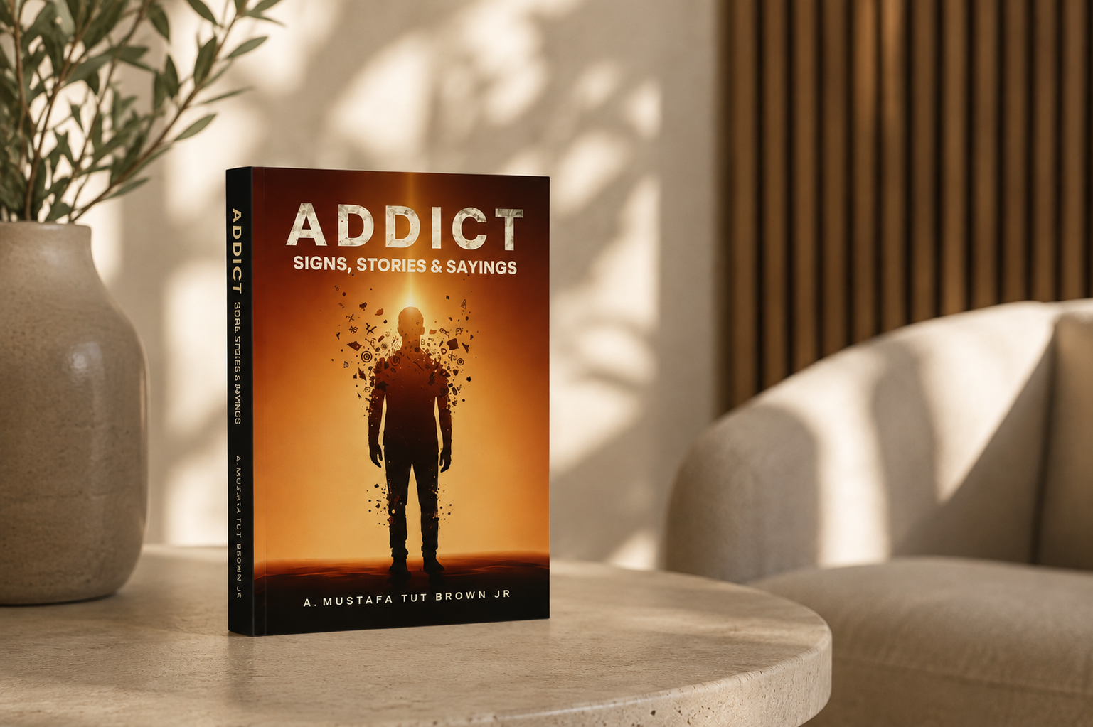 ADDICT: Signs, Stories & Sayings by A. Mustafa Tut Brown Jr. displayed on a table.