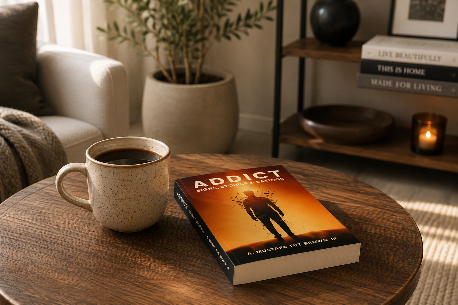 ADDICT: Signs, Stories & Sayings by A. Mustafa Tut Brown Jr. displayed beside a cup of coffee.