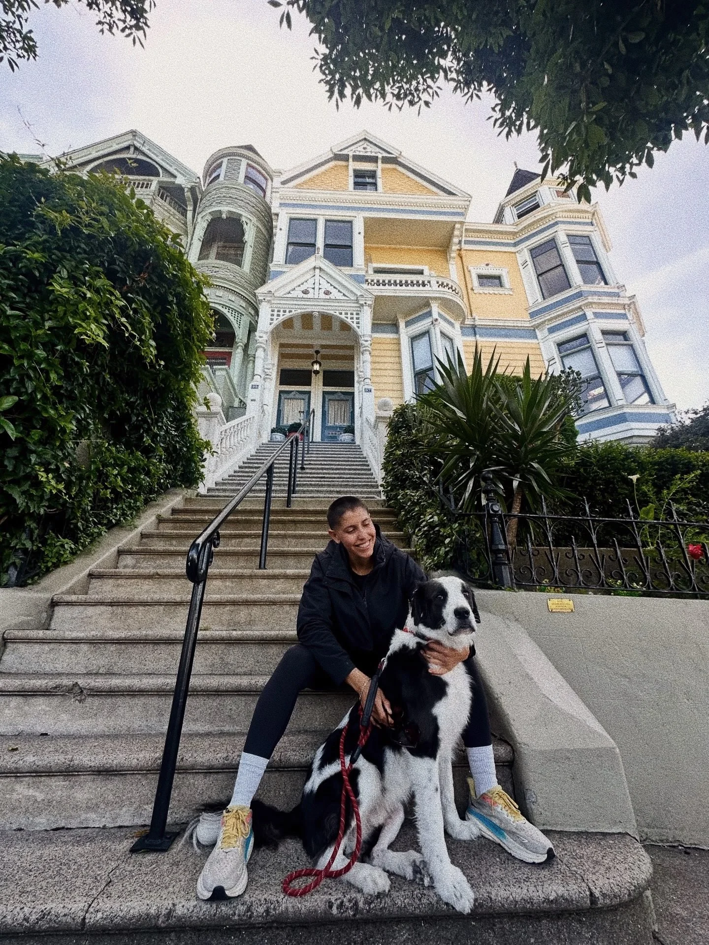 A woman sitting on the steps of a large, colorful Victorian house with a black and white dog. The woman is smiling and holding the dog, which is looking forward. The stairs are flanked by greenery on both sides, and the house has yellow and white sid