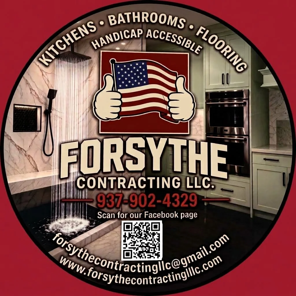 A circular logo for Forsythe Contracting LLC featuring a kitchen with a shower and cabinets, a thumbs-up sign with an American flag, and contact information including a phone number, email, website, and a QR code.