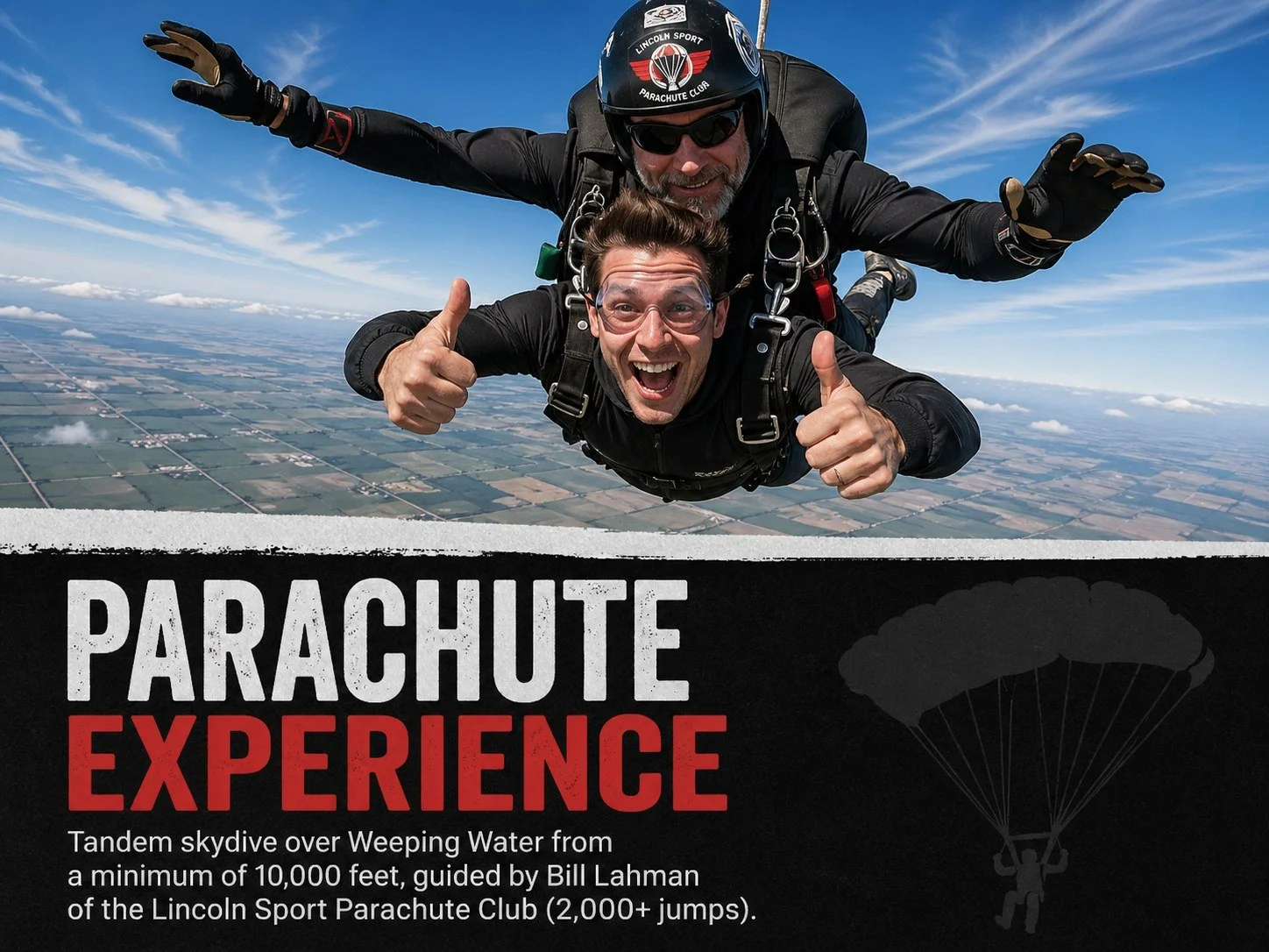 Parachute Experience auction graphic designed for the Nebraska Supreme Dreams Gala, with a tandem skydiving photo, bold title and auction details.