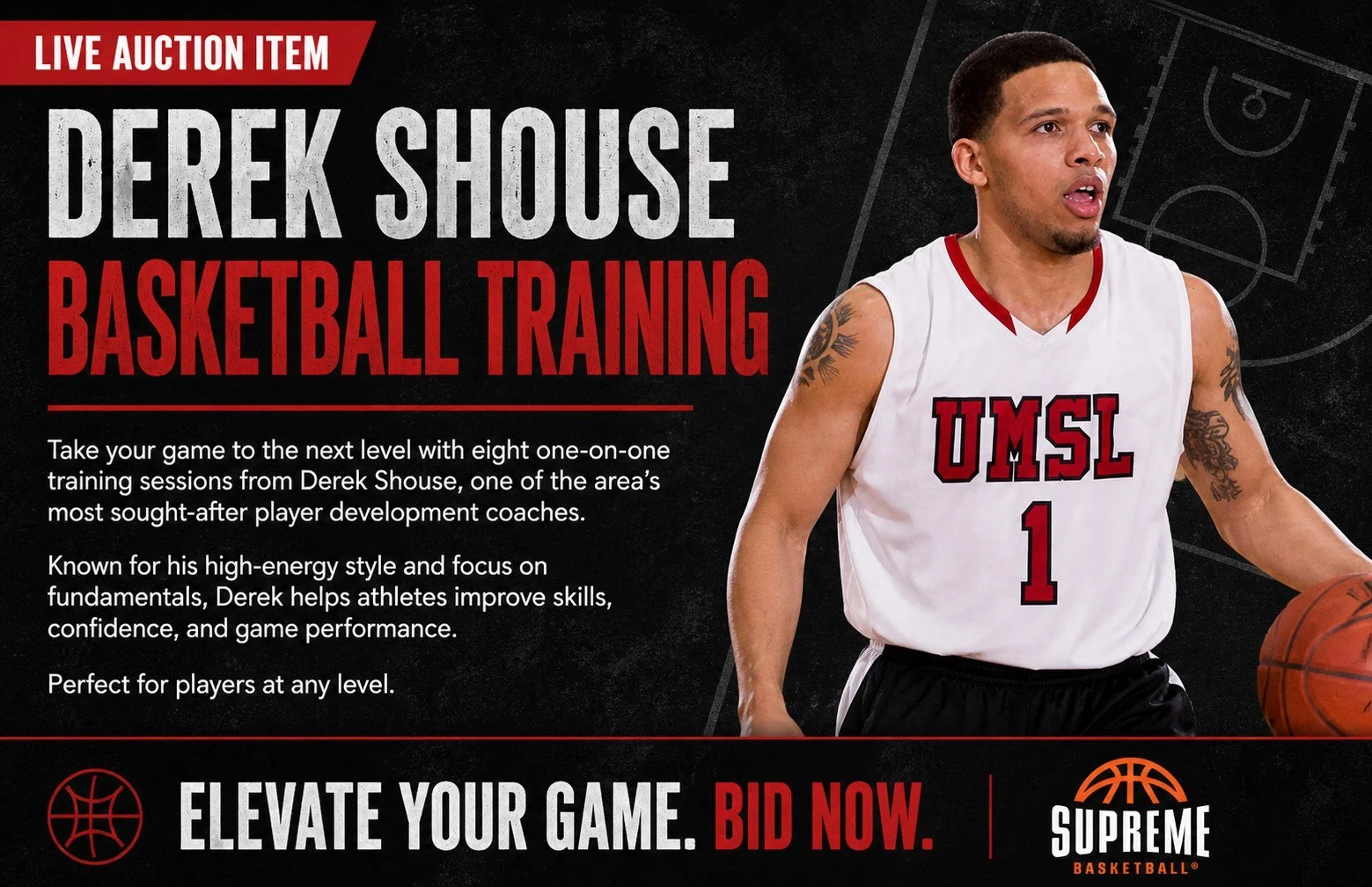 Derek Shouse basketball-training auction graphic designed for the Nebraska Supreme Dreams Gala, with a player photo, bold red and white title and auction details.