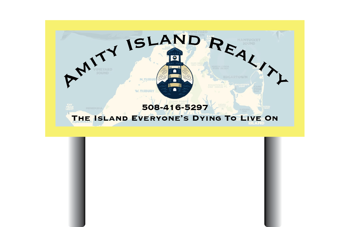 Amity Island Reality concept billboard with a coastal map, lighthouse logo, and the tagline "The Island Everyone's Dying To Live On".