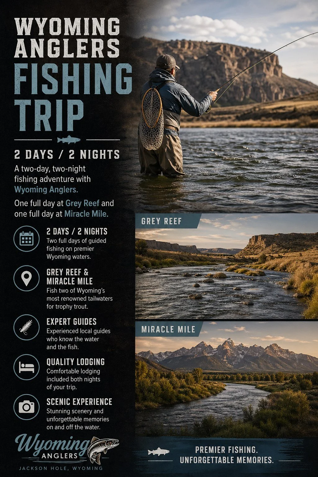 Wyoming Anglers fishing-trip auction graphic designed for the Nebraska Supreme Dreams Gala, with fly-fishing photos and auction details.