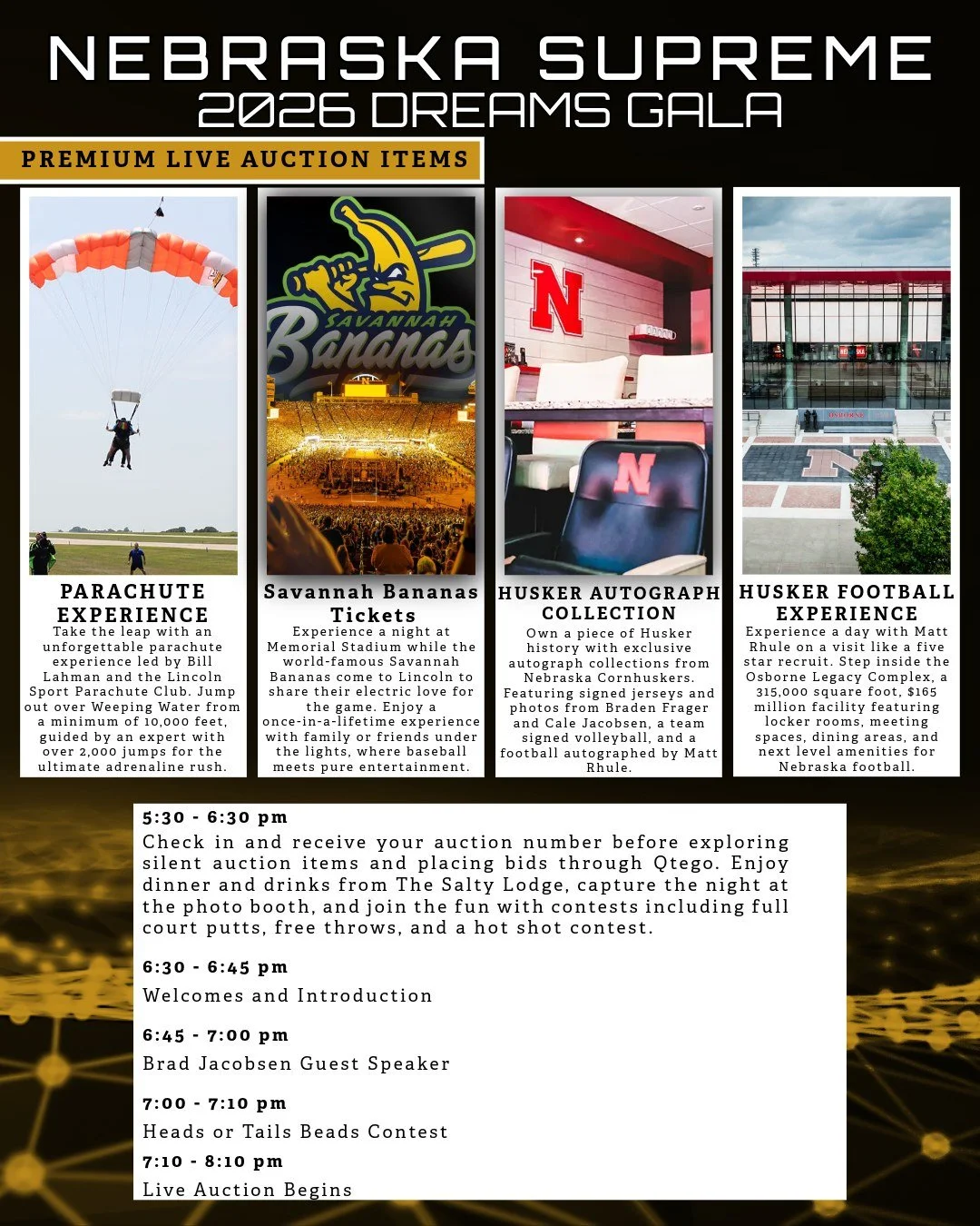 Nebraska Supreme 2026 Dreams Gala program design, with live-auction items and the evening schedule.